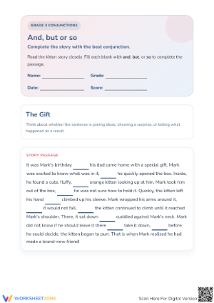 Grade 3 Conjunctions: And, But, Or, So Printable Worksheet