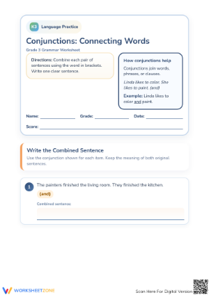 Printable Conjunctions Worksheet | Grade 3 Connecting Words