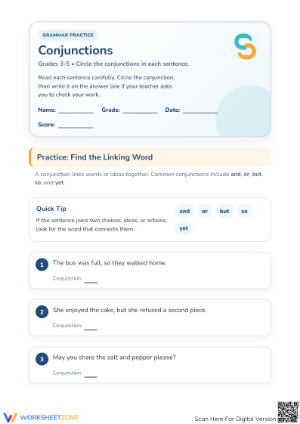 Printable Conjunctions Practice Worksheet | Grades 3-5 ELA
