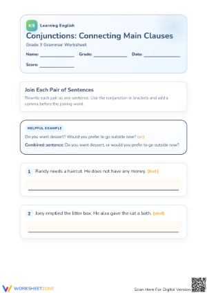 Printable Conjunctions Worksheet | Grade 3 ELA