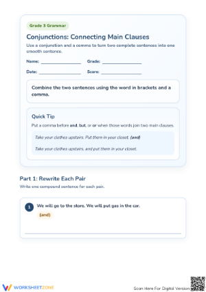 Printable Grade 3 Conjunctions Worksheet: Compound Sentences