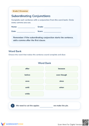Subordinating Conjunctions Worksheet | Grade 3 Printable