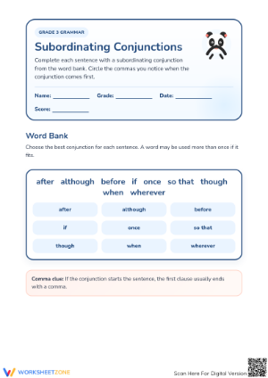 Grade 3 Subordinating Conjunctions — Printable Worksheet