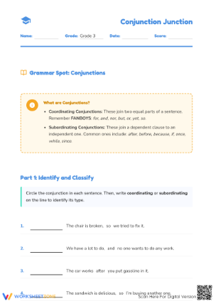 Grade 3 Conjunctions — Printable No-Prep Worksheet