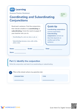 Essential Conjunctions Practice Worksheet | Grades 3-5