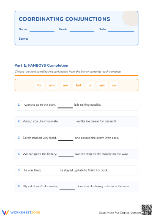 Printable Coordinating Conjunctions Worksheet | Grade 3 ELA