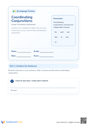 Printable Coordinating Conjunctions Worksheet | Grade 3 ELA