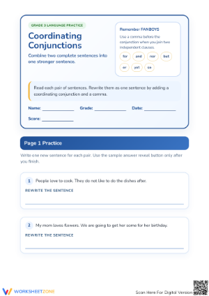 Printable Coordinating Conjunctions Worksheet | Grade 3