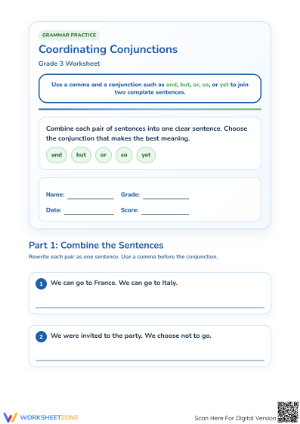 Printable Coordinating Conjunctions Worksheet | Grade 3 ELA