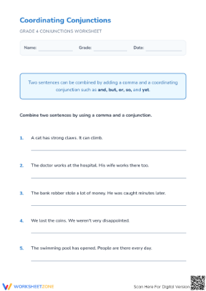 Grade 3 Conjunctions — Printable No-Prep Worksheet