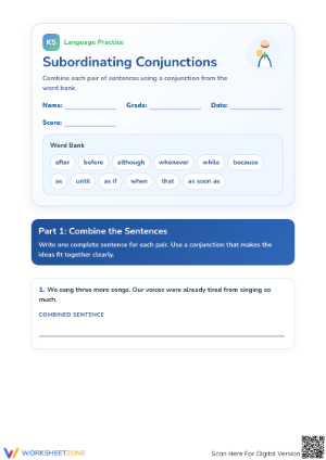 Printable Subordinating Conjunctions Worksheet | Grade 3 ELA