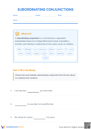 Subordinating Conjunctions Worksheet | Essential Grade 3 ELA