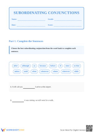 Subordinating Conjunctions Worksheet | Grade 3 Printable