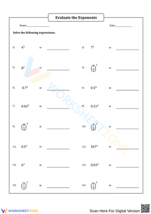 Exponent Practice Worksheet for Evaluating Powers and Expressions