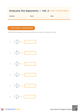 Essential Evaluate Exponents Worksheet | Grades 6-8 Math