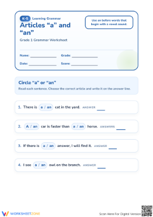 Printable Articles 'a' and 'an' Worksheet | Grade 1 ELA
