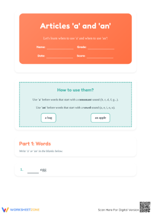 Grade 1 Articles A and An — Printable No-Prep Worksheet