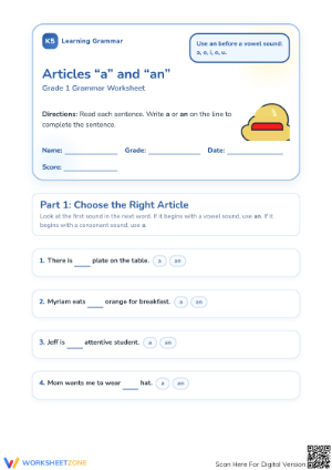 Articles "a" and "an" Worksheet | Grade 1 Essential