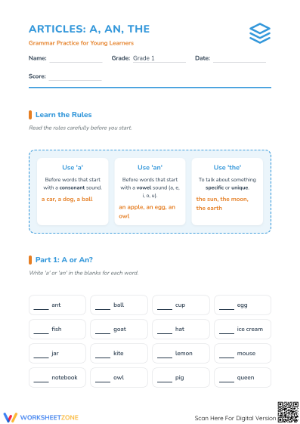 Printable Articles Worksheet: A, An, The | Grade 1 ELA