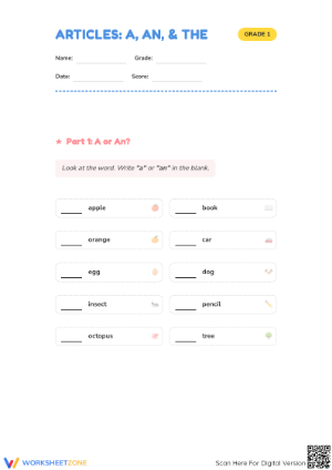 Grade 1 Articles Worksheet: A, An, and The — Printable