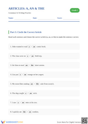 Essential Articles Worksheet | Grade 1 ELA Practice