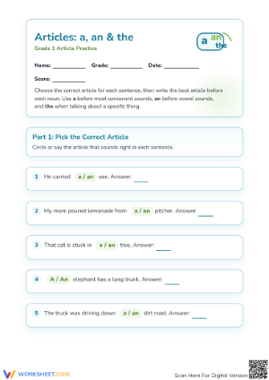 Essential Grade 1 Articles Worksheet: a, an, the