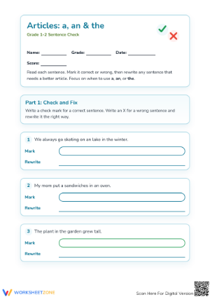Articles: a, an & the Printable Worksheet — Grade 1-2