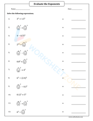 Exponents with Decimals and Fractions Worksheet