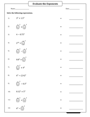 Exponents with Decimals and Fractions Worksheet