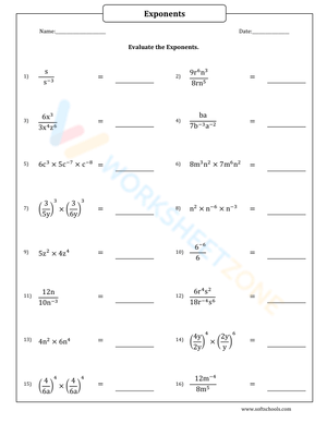 Evaluating Algebraic Expressions with Exponents Worksheet