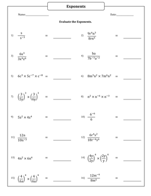 Evaluating Algebraic Expressions with Exponents Worksheet