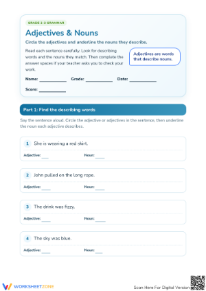 Essential Adjectives and Nouns Worksheet | Grade 2-3
