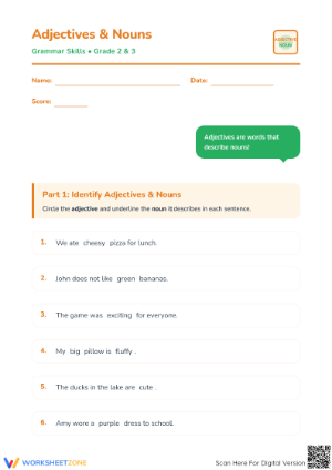 Printable Adjectives & Nouns Worksheet | Grade 2-3 ELA