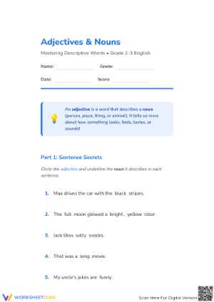 Printable Adjectives & Nouns Worksheet | Grade 2-3 ELA