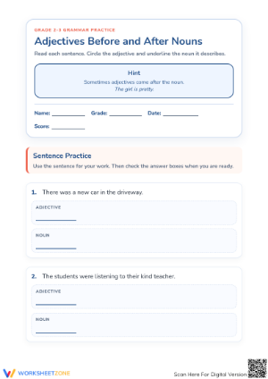 Printable Adjectives Before and After Nouns — Grade 2-3