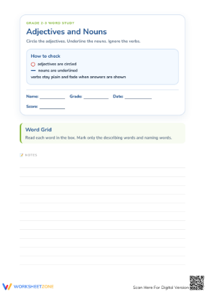 Printable Adjectives and Nouns Worksheet | Grade 2-3 ELA