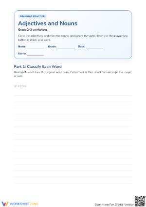 Printable Adjectives and Nouns Worksheet | Grade 2-3 Ready