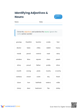 Grade 3-4 Adjectives and Nouns — Printable No-Prep Worksheet