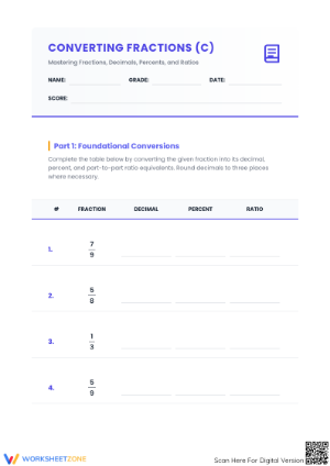 Printable Fraction to Decimal and Percent Worksheet
