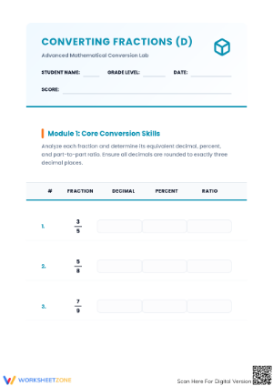 Printable Fraction Conversion Worksheet | Grade 7 Math