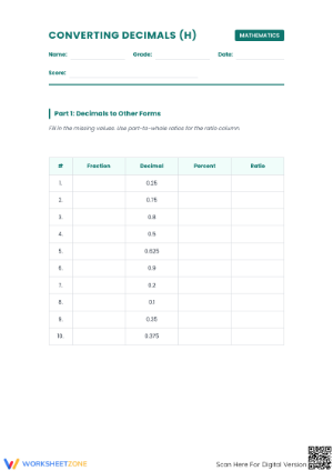 Printable Fractions, Decimals, Percents & Ratios | Grade 6