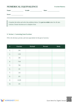 Printable Math Worksheet: Fraction Decimal Percent Ratio