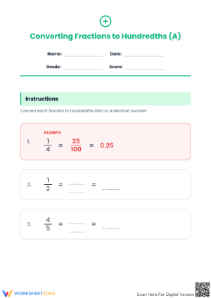 Essential Fractions to Decimals Worksheet - Grade 4