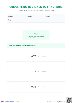Converting Decimals to Fractions Worksheet | Essential Grade 4+