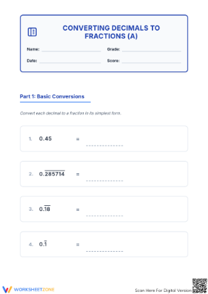 Printable Decimals to Fractions Worksheet | Grade 8 Math