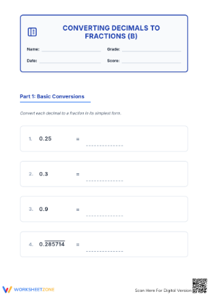 Grade 7 Decimals to Fractions — Printable No-Prep Worksheet