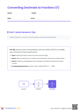 Printable Decimal to Fraction Worksheet | Grade 7 Math