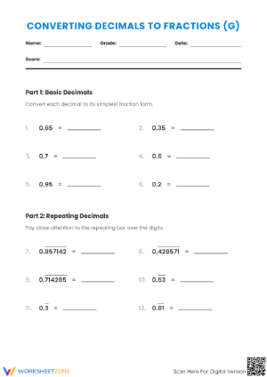 Printable Decimals to Fractions Worksheet | Grade 8 Aligned