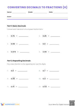Essential Grade 8 Decimal to Fraction Conversion Worksheet