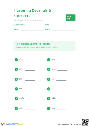 Essential Decimals to Fractions Worksheet | Grade 7 Math